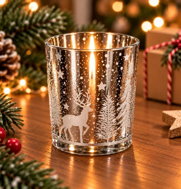 Frasco de Vidrio Navideño plateado Renos y Abetos 200ml
