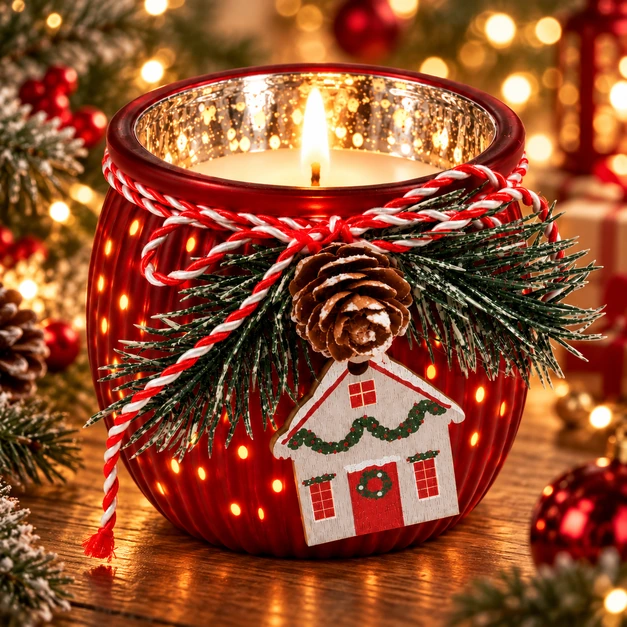 Frasco de Vidrio Navideño Rojo con Decoración Rústica 200ml