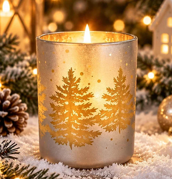 Frasco de Vidrio Navideño Plateado con Bosque Dorado
